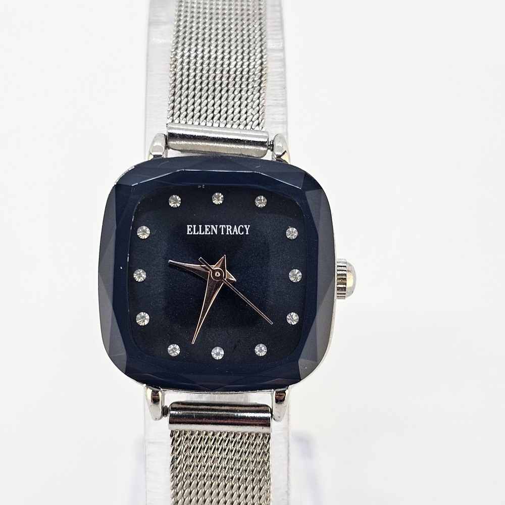 Ellen Tracy Women's Analog Watch 23MM Dark Blue Dial Gray Mesh Bands NEW Battery